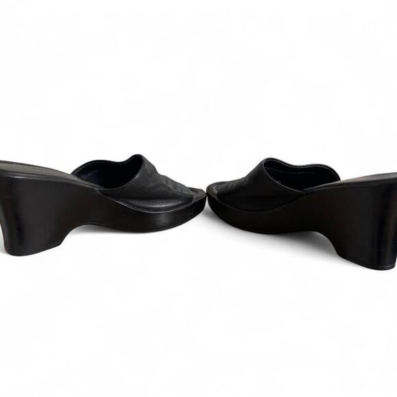 90'S VTG. BLACK LEATHER CHUNKY HILLARD & HANSEN WEDGE SANDALS SIZE 8. - Picture 7 of 8